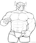  1boy :q abs animal_ears bara bulge cow_boy cow_ears cow_horns cropped_legs facial_hair fiery_horns forked_eyebrows goatee greyscale highres horns large_pectorals looking_at_viewer male_focus male_underwear male_underwear_pull milking_machine monochrome muscular muscular_male navel navel_hair nipples pectorals pulled_by_self seductive_smile self_milking short_hair smile solo stomach strongman_waist tekkowang thick_eyebrows thighs tokyo_afterschool_summoners tongue tongue_out topless_male underwear wakan_tanka 