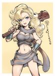  1girl :d asymmetrical_bangs ayla_(chrono_trigger) blonde_hair blue_eyes border breasts chrono_trigger cleavage cowboy_shot crop_top curly_hair earrings grey_skirt hand_on_own_hip head_tilt holding holding_weapon jewelry kuroganezero large_breasts long_hair looking_at_viewer midriff miniskirt navel open_mouth skirt smile solo standing stomach twitter_username very_long_hair weapon white_border yellow_background 