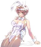  1girl animal_ears aqua_eyes bare_shoulders blush bow bowtie breasts brown_hair brown_pantyhose cleavage earrings jewelry looking_at_viewer matsuda_(matsukichi) original pantyhose playboy_bunny rabbit_ears rabbit_tail short_hair sketch smile solo tail vest wrist_cuffs 