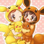  1:1 aimia492 blush brown_body brown_eyes brown_fur brown_hair cheek_to_cheek clothing eevee female feral fur generation_1_pokemon group hair happy holding_another human kigurumi male mammal nintendo onesie pattern_background pikachu poke_kid pokemon pokemon_(species) simple_background yellow_body yellow_fur young 