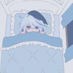  1girl ahoge aqua_hair bed bed_sheet bedroom blanket blue_eyes commentary_request drop-shaped_pupils from_above furina_(genshin_impact) genshin_impact hair_between_eyes hat heterochromia highres indoors long_hair long_sleeves looking_at_viewer looking_up mismatched_pupils mochi_mochi052 multicolored_hair pillow sidelocks solo streaked_hair two-tone_hair under_covers wavy_hair 