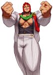  1girl absurdres black_shirt breasts cleavage dress_shirt eyewear_on_head formal green_eyes green_scarf highres jacket jewelry looking_at_viewer marisa_(street_fighter) muscular muscular_female open_clothes open_shirt pants partially_unbuttoned red_hair ring scarf shirt short_hair solo sotcho street_fighter street_fighter_6 striped striped_suit suit sunglasses white_background white_jacket white_pants white_suit 