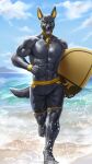  5_fingers abs amon-sydonai anthro anubian_jackal anubis armwear athletic beach biceps black_body black_nose blue_eyes bottomwear bracelet canid canine canis claws clothing dark_body deity egyptian egyptian_mythology facial_markings fingers fur gold_(metal) gold_jewelry gold_markings head_markings hi_res holding_object humanoid_pointy_ears jackal jewelry male mammal markings middle_eastern_mythology multi_ear muscular muscular_anthro muscular_male mythology necklace open_mouth outside pecs pointy_and_animal_ears seaside sharp_claws sharp_teeth shorts sky solo surfboard swimwear tail tail_tuft teeth toned_body toned_muscles tuft water watermark wave yellow_ears 