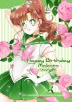  1girl back_bow bishoujo_senshi_sailor_moon bow bowtie brooch brown_hair choker circlet earrings elbow_gloves flower_earrings gem gloves green_choker green_eyes green_gemstone green_sailor_collar green_skirt hair_bobbles hair_ornament highres jewelry medium_hair miniskirt pink_bow pink_bowtie pleated_skirt ponytail sailor_collar sailor_jupiter sarashina_kau shirt short_sleeves sidelocks skirt solo white_gloves white_shirt 