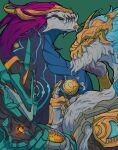  3boys aurelion_sol_(league_of_legends) bb_5858 beard blue_eyes blue_hair claws crown dragon facial_hair fangs green_background highres horns league_of_legends long_hair mecha mecha_aurelion_sol multiple_boys no_humans purple_hair robot simple_background slit_pupils smoke storm_dragon_aurelion_sol very_long_hair 