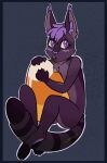  anthro blue_border border bucklucky butt candy dessert ear_tuft food full-length_portrait fur glistening glistening_eyes hi_res inner_ear_fluff looking_at_viewer male markings micro nude open_mouth portrait purple_body purple_eyes purple_fur purple_inner_ear_fluff purple_nose simple_background sitting solo striped_markings striped_tail stripes tail tail_markings teeth tuft 