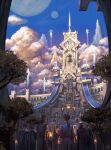  6+others blue_sky building castle cloud crowd fantasy floating floating_object highres moon mountain multiple_others noba original outdoors people scenery sky tree 