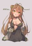  1girl :q antenna_hair bare_shoulders blush breasts brown_hair camouflage camouflage_jacket character_name choker cleavage collarbone commentary_request covered_navel cowboy_shot dog_tags double_bun dress eip_(pepai) fur-trimmed_jacket fur_trim girls&#039;_frontline green_eyes grey_dress hair_between_eyes hair_bun jacket large_breasts long_hair looking_at_viewer mole mole_on_breast off_shoulder open_clothes open_jacket rfb_(girls&#039;_frontline) simple_background solo tongue tongue_out very_long_hair 