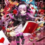  1girl ace_(playing_card) ace_of_hearts black_bow black_bowtie book bow bowtie cake cake_slice candy card cupcake doll_joints fate/extra fate_(series) flower food fork fruit hat heart highres hourglass joints key macaron nursery_rhyme_(fate) open_book playing_card pocket_watch purple_eyes purple_hair red_flower red_rose rose smile solo spoon strawberry three_of_hearts top_hat tsukasa_kinako two_of_hearts vial watch white_rabbit_(alice_in_wonderland) 
