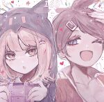  2girls :o ;d animal_ears asahina_aoi blush brown_hair collarbone danganronpa:_trigger_happy_havoc danganronpa_(series) danganronpa_2:_goodbye_despair fake_animal_ears galaga hair_ornament hairclip handheld_game_console hands_up heart highres holding holding_handheld_game_console hood hood_up jacket long_sleeves medium_hair multiple_girls nanami_chiaki naruse_(nal1525) one_eye_closed open_clothes open_jacket pink_eyes red_jacket short_hair smile white_background 