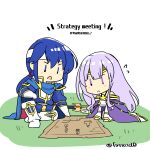  1boy 1girl blue_cape blue_eyes blue_hair book brother_and_sister cape chibi circlet english_text fire_emblem fire_emblem:_genealogy_of_the_holy_war headband jewelry julia_(fire_emblem) long_hair open_mouth ponytail purple_cape purple_eyes purple_hair seliph_(fire_emblem) siblings simple_background sitting talking tyrfing_(fire_emblem) white_headband yukia_(firstaid0) 