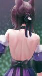  1girl alternate_costume animal_ears back backless_outfit bare_shoulders black_hair blurry blurry_background bow choker detached_sleeves dog_ears dress formal from_behind fur_trim hair_bow hair_ribbon highres inui_toko nijisanji oni0417 ribbon solo upper_body virtual_youtuber 