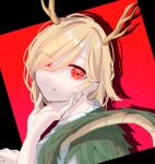  1girl antlers blonde_hair blurry blurry_foreground commentary_request depth_of_field dragon_horns dragon_tail drop_shadow eyes_visible_through_hair gradient_background hair_over_one_eye hand_on_own_face hand_up highres horns kicchou_yachie light_smile looking_at_viewer parted_lips red_background red_eyes short_hair simple_background solo swept_bangs tail teeth touhou turtle_shell zasco_fox 