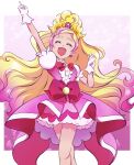  1girl :d absurdres arm_up blonde_hair bow bowtie center_frills choker clenched_hand closed_eyes crossed_legs cure_flora dress earrings facing_viewer frills gloves go!_princess_precure gradient_hair half_updo haruno_haruka highres index_finger_raised jewelry kengo_kumaxile long_hair magical_girl medium_dress multicolored_hair open_mouth pink_bow pink_dress pink_hair pointing pointing_up precure puffy_short_sleeves puffy_sleeves red_bow red_bowtie short_sleeves smile solo standing streaked_hair swept_bangs tiara two-tone_hair waist_bow white_gloves 