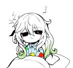  1girl absurdres alternate_costume black_eyes commentary_request contemporary genshin_impact green_hair hair_down highres korean_commentary long_hair multicolored_hair nahida_(genshin_impact) pajamas saliva simple_background solo uncolorcube waking_up white_background white_hair 