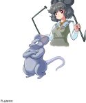  1girl absurdres animal_ears commentary crossed_arms dated dowsing_rod english_commentary grey_hair highres long_sleeves looking_at_viewer mouse mouse_ears mouse_girl nazrin nazrin_(mouse) profitshame red_eyes short_hair signature simple_background touhou white_background 