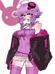  1girl black_jacket blush breasts fangs grey_shorts hair_behind_ear halter_shirt halterneck highres jacket off_shoulder open_mouth pantyhose purple_eyes purple_hair purple_pantyhose purple_shirt ribbed_shirt san-ban_senji_cha_gubigubi shirt short_hair_with_long_locks short_shorts shorts small_breasts solo vocaloid voiceroid white_background yuzuki_yukari 