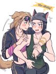  2girls abs animal_ears arm_around_neck arm_warmers armband beanie black_hair black_jacket black_pants blonde_hair blue_eyes blush bracelet brown_eyes cat_ears cat_girl cat_tail closed_mouth collarbone couple dead_by_daylight dog_ears dog_girl dog_tail english_text eye_contact fang fang_out goggles goggles_on_head green_tank_top hat highres jacket jewelry kemonomimi_mode kimura_yui looking_at_another medium_hair multiple_girls navel nea_karlsson open_clothes open_jacket open_mouth pants pink_tube_top profile raised_eyebrows ring short_hair strapless sweatdrop tail tank_top thought_bubble tube_top wasted_m9 white_background yuri 