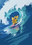  absurdres af_(afloatisland) animal_focus black_eyes bright_pupils highres no_humans open_mouth outdoors outstretched_arms pikachu pokemon pokemon_(creature) reflection reflective_water riding solo standing surfboard surfing_pikachu water waves white_pupils 