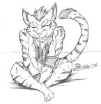  2018 anthro clenched_teeth clothed clothing crossed_legs ears_up eyes_closed fangs felid feline fur hair hi_res leopard_cat male mammal marcushunter nekojishi prionailurus raised_tail shu-chi signature sitting smile solo studio_klondike tail teeth 