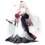  1girl black_choker bolt_action bouquet breasts bridal_veil choker collarbone cross cross_necklace crown_hair_ornament dress flower full_body fur_trim girls&#039;_frontline gun hair_ribbon holding holding_bouquet jewelry kar98k_(girls&#039;_frontline) kar98k_(purity_in_vermilion)_(girls&#039;_frontline) long_dress long_hair looking_at_viewer mauser_98 necklace official_alternate_costume official_art petals red_eyes red_flower red_rose ribbon rifle rose simple_background solo standing transparent_background veil very_long_hair weapon wedding wedding_dress white_dress white_hair yukuso_(dabiandang) 