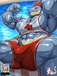  5_fingers abs absurd_res anthro biceps biped bulge claws countershade_face countershading feraligatr fingers flexing generation_2_pokemon hi_res male masterelrest muscular muscular_anthro muscular_male nintendo pecs pokemon pokemon_(species) qr_code scalie solo vein veiny_muscles 