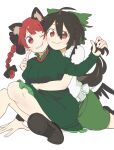  2girls :t ;) ahoge animal_ear_fluff animal_ears arm_under_breasts bird_wings black_hair blush bow braid breasts cat_ears citrus_(place) dress extra_ears finger_to_another&#039;s_cheek foot_out_of_frame green_bow green_dress green_skirt hair_between_eyes hair_bow hair_ribbon highres holding_another&#039;s_hair hug hug_from_behind kaenbyou_rin knees_together_feet_apart long_hair low_wings medium_breasts multiple_girls one_eye_closed parted_lips red_eyes red_hair reiuji_utsuho ribbon shirt sitting skirt smile teeth touhou tress_ribbon twin_braids very_long_hair white_shirt wings yuri 