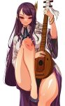  1girl bare_legs bracelet breast_press closed_mouth commission commissioner_upload dress dungeon_and_fighter earrings guitar hair_ornament hand_up high_heels highres hoop_earrings instrument iris_fortune_singer jewelry leg_up long_hair long_sleeves multicolored_clothes multicolored_dress non-web_source pixiv_commission purple_hair rantia sitting smile thighs upper_body 