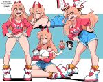  2girls black_bra blue_shorts bra cat chainsaw_man cross-shaped_pupils demon_horns english_text higashiyama_kobeni highres horns lying meowy_(chainsaw_man) multiple_girls multiple_views on_stomach open_mouth outline panties parted_lips pink_shirt power_(chainsaw_man) print_shirt red_horns scott_malin shadow sharp_teeth shirt shirt_tucked_in shoes shorts smile socks solo_focus symbol-shaped_pupils teeth underwear white_footwear white_outline white_panties yellow_socks 