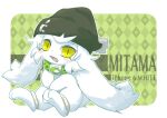  1boy animal_collar apple_inc. beanie black_headwear blush border character_request collar english_text fang furry furry_male handymonsters hat male_focus open_mouth sakana_(danefushi) sitting slit_pupils white_border white_fur yellow_eyes 