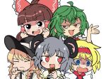  5girls akira_(cookie) alice_margatroid animal_ears black_eyes black_headwear black_vest blonde_hair blue_eyes blunt_bangs bow brown_hair candy capelet chocolate chocolate_bar commentary_request cookie_(touhou) fang food frilled_hair_tubes frilled_hairband frills green_hair grey_hair hair_tubes hairband hakurei_reimu hat highres ichigo_(cookie) kazami_yuuka kirisame_marisa looking_at_viewer mouse_ears mouse_girl multiple_girls nazrin necktie nyon_(cookie) open_mouth red_bow red_eyes red_hairband red_necktie rurima_(cookie) shirt short_hair simple_background smile sn_(zigzagspark6) suzu_(cookie) touhou upper_body v-shaped_eyebrows vest white_background white_capelet white_shirt witch_hat 