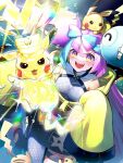  1girl :d blush bow-shaped_hair breasts character_hair_ornament commentary_request emerane green_hair grey_shirt hair_ornament iono_(pokemon) jacket multicolored_hair on_head open_mouth pikachu pink_hair pokemon pokemon_(creature) pokemon_(game) pokemon_on_head pokemon_sv purple_eyes sharp_teeth shirt sleeveless sleeveless_shirt smile teeth terastallization thigh_strap tongue two-tone_hair yellow_jacket 