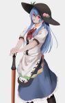  1girl :o absurdres apron black_headwear blue_hair blue_skirt bow bowtie collared_shirt florentia_menma hat highres hinanawi_tenshi holding holding_sword holding_weapon long_hair looking_at_viewer open_mouth puffy_short_sleeves puffy_sleeves red_bow red_bowtie red_eyes shirt short_sleeves simple_background skirt solo sun_hat sword touhou waist_apron weapon white_background white_shirt 