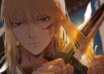  1boy blonde_hair blood blood_drip blood_on_face blue_eyes canute chinese_text closed_mouth collared_jacket cutting_hair high_collar holding holding_sword holding_weapon injury jacket looking_at_viewer male_focus portrait signature solo sword vinland_saga weapon zilaihuoye 