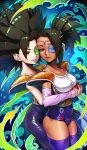  2girls black_hair blue-tinted_eyewear blue_one-piece_swimsuit brown_eyes caulifla collarbone commentary_request detached_sleeves dragon_ball dragon_ball_super green-tinted_eyewear hair_over_one_eye highres hug hug_from_behind kale_(dragon_ball) kanchiyo looking_at_viewer multiple_girls one-piece_swimsuit parted_lips ponytail purple_thighhighs saiyan_armor scouter single_detached_sleeve skin_tight spiked_hair swimsuit swimsuit_under_clothes tan thighhighs thighs tinted_eyewear yuri 