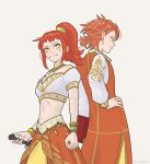  1boy 1girl alternate_costume alternate_hairstyle back-to-back bracelet brother_and_sister crop_top earrings facial_mark fire_emblem fire_emblem_engage gold_trim hahm0106 highres holding holding_weapon jewelry long_hair makeup midriff navel necklace orange_hair pandreo_(fire_emblem) panette_(fire_emblem) ponytail short_hair siblings weapon white_background yellow_eyes 