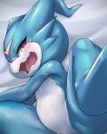 2023 anthro anus bandai_namco barely_visible_anus belly blue_arms blue_body blue_legs blush digimon digimon_(species) hi_res horn looking_at_viewer nude open_mouth shoru solo teeth tongue veemon white_belly white_body 