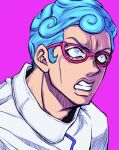  1boy angry blue_hair clenched_teeth curly_hair ghiaccio glasses highres jojo_no_kimyou_na_bouken male_focus pink_background red-framed_eyewear ruushii_(lucy_steel6969) solo teeth vento_aureo wide-eyed 