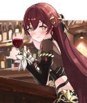  1girl alcohol arin_(1010_ssu) black_sleeves blush brown_eyes brown_hair closed_mouth commentary_request cup detached_sleeves drinking_glass eden_(honkai_impact) from_side hair_between_eyes highres holding holding_cup honkai_(series) honkai_impact_3rd juliet_sleeves long_hair long_sleeves looking_at_viewer looking_to_the_side puffy_sleeves smile solo very_long_hair wine wine_glass 
