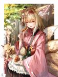  1girl absurdres animal_ear_fluff animal_ears apron arknights black_hakama blonde_hair border coin_purse dango eating flower food fox fox_girl frilled_apron frills green_eyes hair_flower hair_ornament hairband hakama hakama_skirt highres holding holding_food japanese_clothes kimono kitsune kyuubi long_sleeves mitarashi_dango multiple_tails obi official_alternate_costume outside_border pink_kimono pinwheel plate pleated_skirt red_hairband sash sitting skirt solo suzuran_(arknights) suzuran_(yukibare)_(arknights) tail user_yujg3254 wagashi waist_apron white_apron white_border wide_sleeves yagasuri 