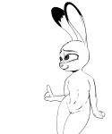  absurd_res anthro disney ears_up female genitals gesture hi_res judy_hopps lagomorph leporid line_art mammal nude pointing pussy rabbit simple_background smile solo spoof_(artist) white_background zootopia 