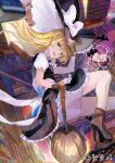  :d apron ass bat_(animal) black_headwear black_skirt blonde_hair bloomers book bookshelf bow braid broom broom_riding character_request check_character commentary_request frills hair_bow hat hat_bow highres kirisame_marisa long_hair looking_at_viewer open_book open_mouth patchouli_knowledge puffy_short_sleeves puffy_sleeves rei_(farta_litia) remilia_scarlet short_sleeves skirt skirt_set smile stairs touhou underwear waist_apron white_apron white_bow witch witch_hat yellow_eyes 