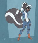  abs anthro birchly bottomwear bronx23 clothed clothing denim denim_clothing eyewear female glasses hi_res jeans mammal mephitid muscular muscular_female open_clothing open_topwear open_vest pants skunk solo sonya_mayers thick_thighs topwear torn_clothing vest 