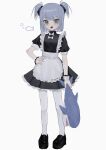  1girl absurdres apron black_footwear black_ribbon blue_hair bow bowtie commentary frilled_apron frills full_body grey_eyes hair_ribbon hand_on_own_hip highres holding holding_stuffed_toy looking_at_viewer maid maid_apron open_mouth original pantyhose ribbon sharp_teeth short_hair short_sleeves shou_(mori_boro) simple_background solo standing stuffed_animal stuffed_shark stuffed_toy symbol-only_commentary teeth two_side_up white_apron white_background white_bow white_bowtie white_pantyhose 