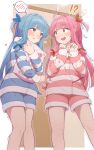  !? 2girls absurdres adapted_costume alternate_costume blue_hair blue_pajamas blue_ribbon blue_shorts blunt_bangs blush border breath commentary_request door drooling eye_contact feet_out_of_frame hair_ribbon halftone hands_up head_steam heart highres hood hood_down hooded_pajamas hugging_object incest kotonoha_akane kotonoha_aoi long_hair long_sleeves looking_at_another looking_to_the_side low_tied_sidelocks mouth_drool multiple_girls one_side_up open_mouth orange_ribbon outline outside_border pajamas pigeon-toed pillow pillow_hug pink_hair pink_nails pink_pajamas pink_shorts red_eyes ribbon shirt_tug short_shorts shorts siblings sidelocks sisters smile spoken_blush standing striped striped_pajamas sumitsubame trembling voiceroid white_border wide-eyed yes yes-no_pillow yuri 