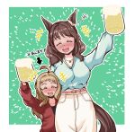  2girls ahoge alcohol animal_ears beer beer_mug blonde_hair blue_shirt breasts brown_hair buckle cheering closed_eyes cup drunk ear_ornament ear_scrunchie guncerlevin hair_ornament hairclip height_difference highres horse_ears horse_girl horse_tail jewelry large_breasts light_hello_(umamusume) mug multiple_girls necklace shirt tail tall_female translation_request umamusume 