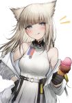  1girl :q absurdres animal_ears arknights arknights:_endfield black_gloves blonde_hair blue_eyes breasts dress food gloves highres ice_cream long_hair medium_breasts perlica_(arknights) simple_background solo tab_head tongue tongue_out white_background white_dress 