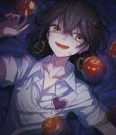  1boy apple ayaaa968 black_hair collared_shirt crying crying_with_eyes_open earrings facing_viewer fangs food fruit highres jewelry looking_to_the_side lying male_focus mashiro_(nijisanji) nijisanji on_back open_mouth orange_eyes otoko_no_ko paperclip_hair_ornament red_nails shirt short_sleeves smile solo tears virtual_youtuber white_shirt 