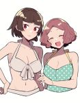  2girls bikini braid breasts brown_eyes brown_hair closed_mouth crown_braid do_m_kaeru halterneck hand_on_own_hip light_brown_hair looking_at_viewer medium_breasts multiple_girls navel niijima_makoto official_alternate_costume okumura_haru one-piece_swimsuit open_mouth open_smile persona persona_5 polka_dot polka_dot_bikini short_hair smile swimsuit upper_body wavy_hair white_background white_bikini 