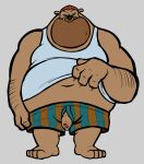  anthro boxers_(clothing) canid canine clothing disney ethancostas genitals goof_troop male mammal overweight penis penis_through_fly poking_out roxanne&#039;s_dad solo underwear 